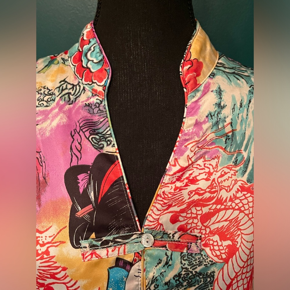 Satin NATORI Button Mandarin Collar Geisha Asian Dragon Print Long Sleeve Top S - Picture 5 of 6